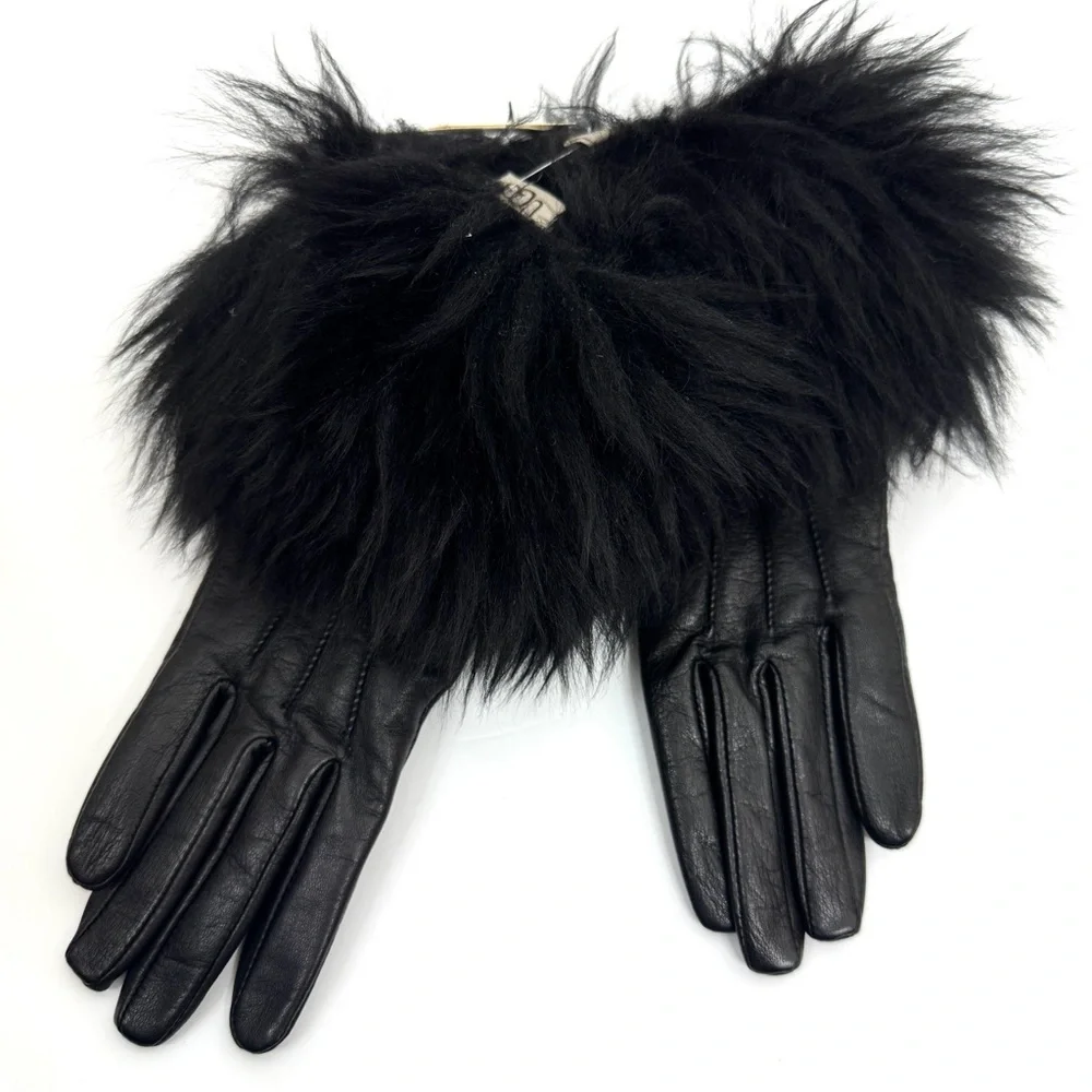 UGG Black Leather Gloves NEW With Fur Trim Black NEW Size S